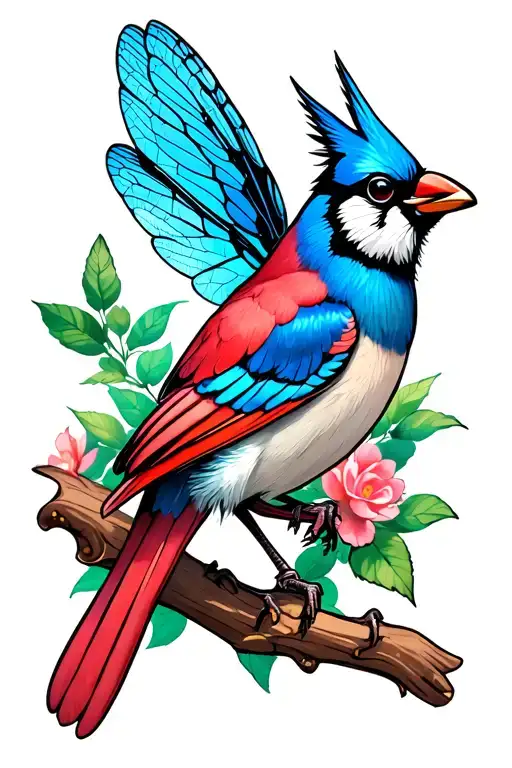 Cardinal, blue jay, dragon fly tattoo design idea