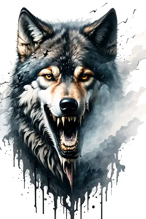 Broken watch dark shadow & distorted faces gripped out of the fog, a wolf with torn mouth tattoo design idea