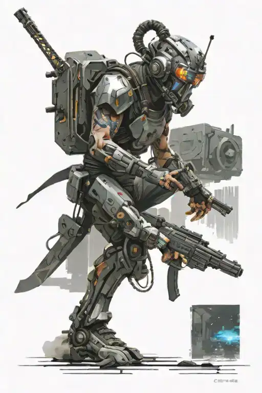 A futuristic cyberpunk scene of a warrior battling through a virtual reality game tattoo design idea