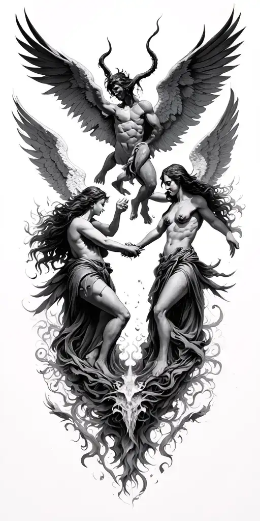 heaven vs hell theme with angels and demons fighting tattoo design idea