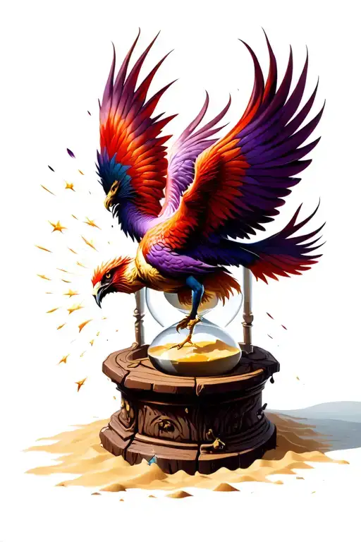 Red, gold and purple phoenix flying off of an old creepy wooden sandglass with sand twinkling down tattoo design idea