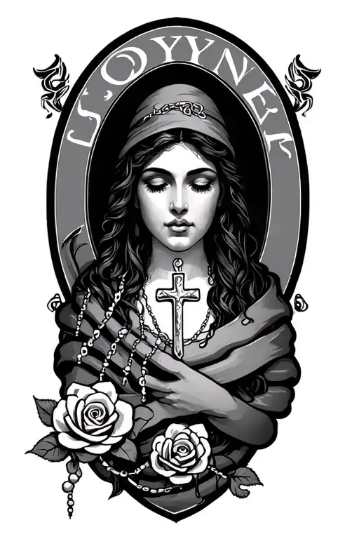 Last name "Joyner" with the rosary wrapped around  tattoo design idea