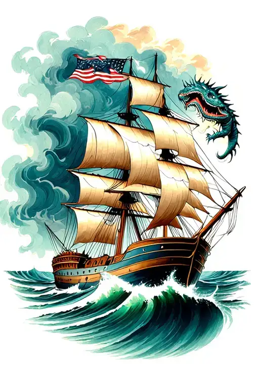 clipper ship sailing through stormy seas with a giant sea monster tattoo design idea