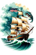 clipper ship sailing through stormy seas with a giant sea monster tattoo design idea