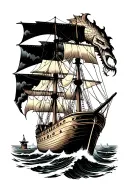 clipper ship sailing through stormy seas with a giant sea monster tattoo design idea