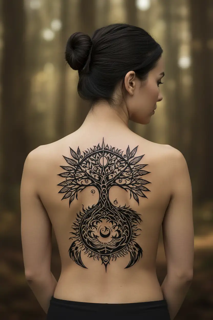 tribal design including army elements, tree of life, dna strand, goddess sun moon, dragon hawaiian island tattoo design idea
