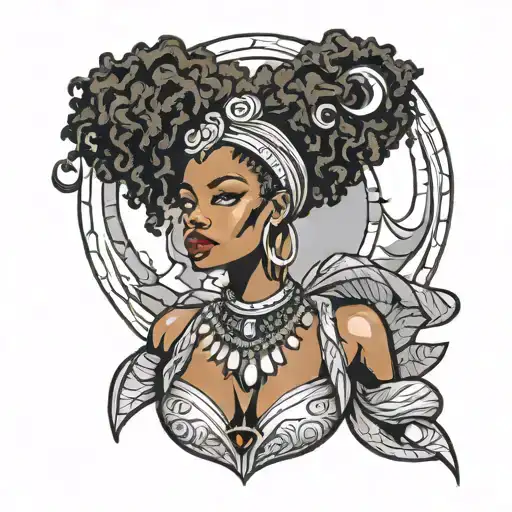 african beautiful fairy woman with afro and crescent moon necklace tattoo design idea