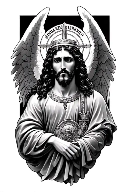 San judas with versace angel tattoo design idea