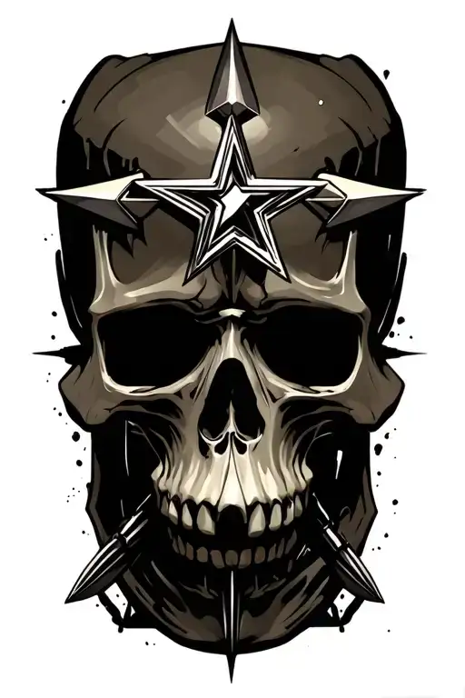 Skull with 8 pointed star background. Star tips spearheaded. No color in design.  tattoo design idea