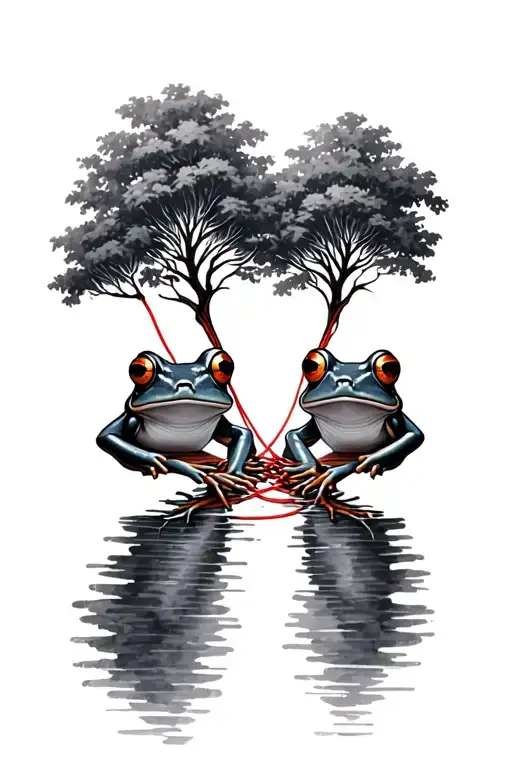 i want a streem with trees. 2 frogs at the end of the streem holding each end of a red string. red going around my wrist tattoo design idea
