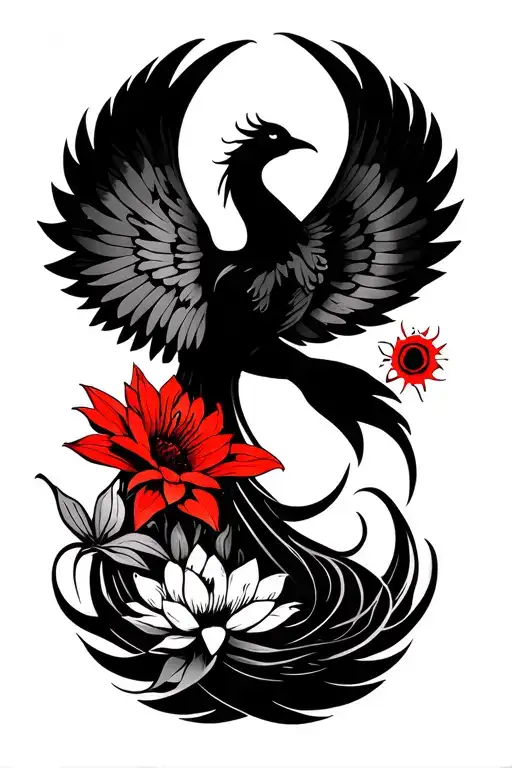 feminine phoenix rising wings spread long flowing tail feathers with lotus, red spider Lilly and sunflower tattoo design idea