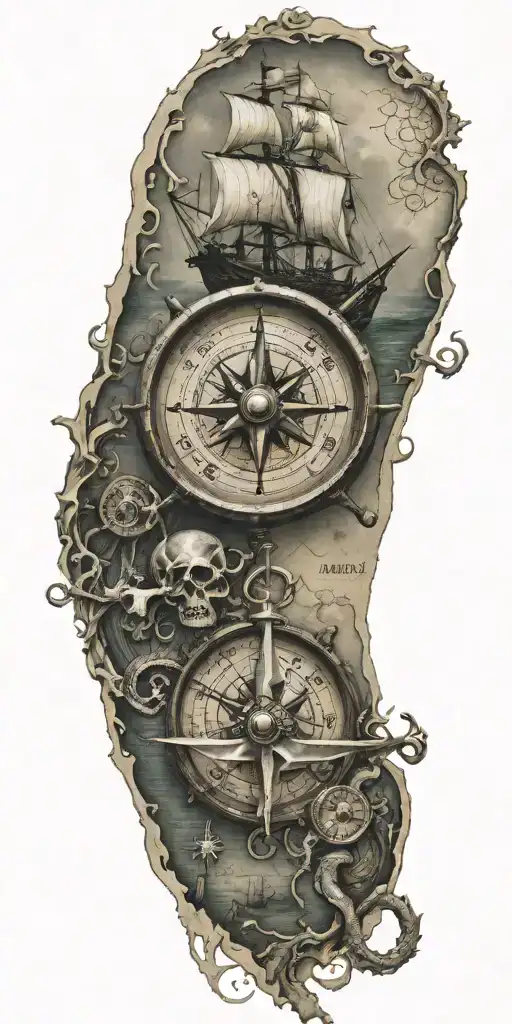 Pirates of the Caribbean, compass and map, kraken tattoo design idea