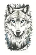 wolf blue eyes forest landscape tattoo design idea