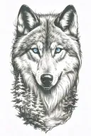 wolf blue eyes forest landscape tattoo design idea