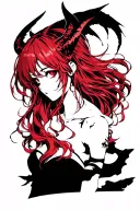 demon girl, face, long red hair, sillouette tattoo design idea