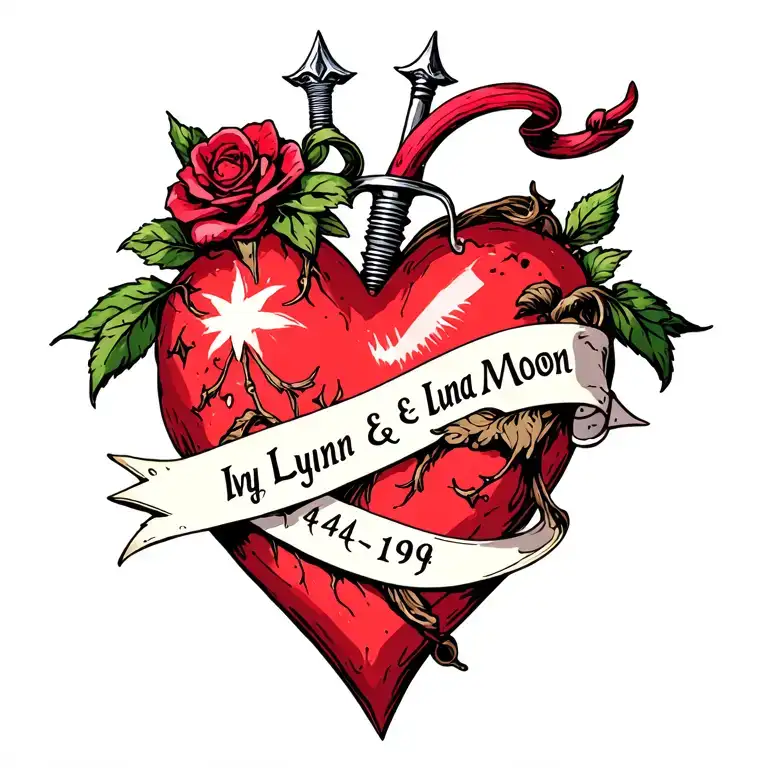 Dagger piercing through heart with a ribbon that says Ivy Lynn & Luna Moon 04/19 tattoo design idea