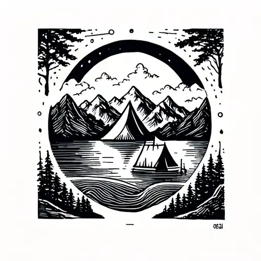 Linework with topographic contour lines and small tent + mountains inside plus a lake plus globe Thin clean outline. tattoo design idea