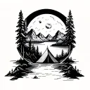 Linework with topographic contour lines and small tent + mountains inside plus a lake plus globe Thin clean outline. tattoo design idea