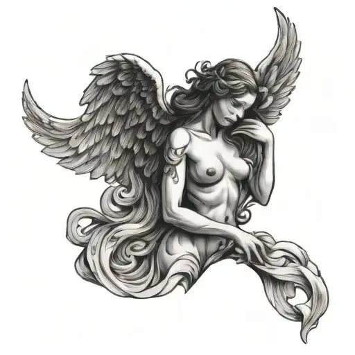 naked angel angel holding broken heart and made of waves tattoo design idea