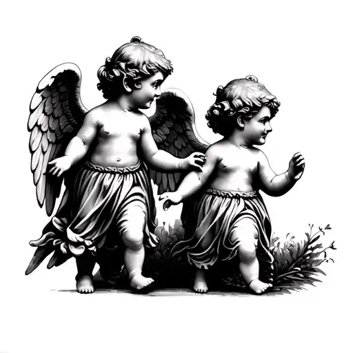 two baby angel statues one boy one girl the boy slightly taller backs turned walking away holding hands tattoo design idea