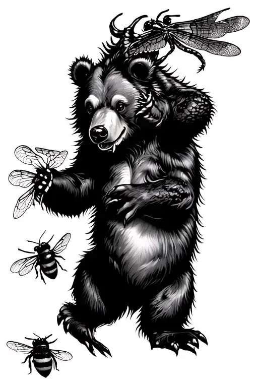 bear, dragon fly, and a bumble bee flying tattoo design idea