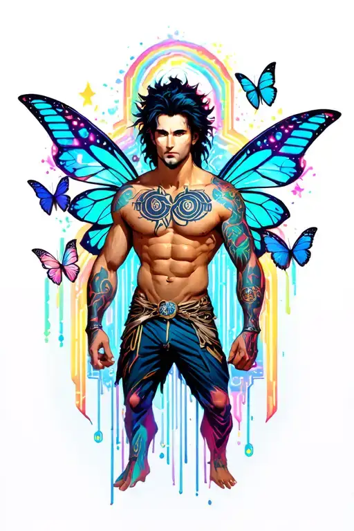 sexy adult gay male faery cartoon , playful, magical. Around him are butterflies, rainbows.  tattoo design idea