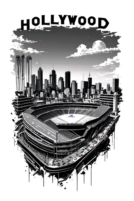 An intricate design of hollywood skyline with a subtle silhouette of the Dodgers stadium tattoo design idea