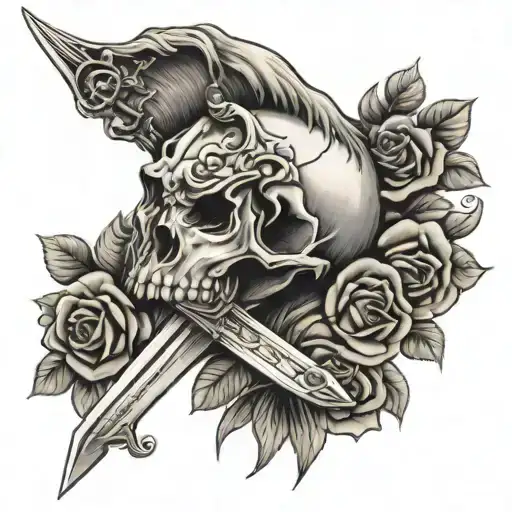 Horse Skull and Roses with large swords  Crossing tattoo design idea