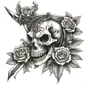 Horse Skull and Roses with large swords  Crossing tattoo design idea