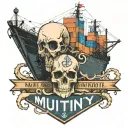 container ship with stacks of containers with one skull below next to an anchor and text below that says Mutiny tattoo design idea