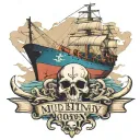 container ship with stacks of containers with one skull below next to an anchor and text below that says Mutiny tattoo design idea
