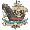 container ship with stacks of containers with one skull below next to an anchor and text below that says Mutiny tattoo design idea