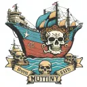 container ship with stacks of containers with one skull below next to an anchor and text below that says Mutiny tattoo design idea