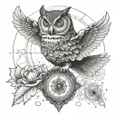 owl flying with a compass toward a nautilus shell tattoo design idea