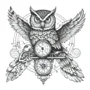 owl flying with a compass toward a nautilus shell tattoo design idea
