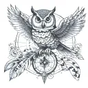 owl flying with a compass toward a nautilus shell tattoo design idea