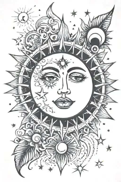 sun with a beautiful face in line with 3 moon phases surrounded by tiny stars. celestial scene, bohemian. tattoo design idea
