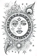 sun with a beautiful face in line with 3 moon phases surrounded by tiny stars. celestial scene, bohemian. tattoo design idea