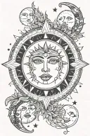 sun with a beautiful face in line with 3 moon phases surrounded by tiny stars. celestial scene, bohemian. tattoo design idea
