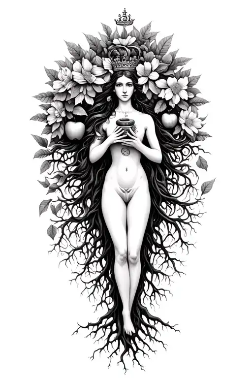 spiritual Woman standing on roots flowers growing out of head om crown with multiple arms 1 holding worl, apple snake tattoo design idea