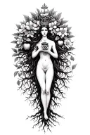 spiritual Woman standing on roots flowers growing out of head om crown with multiple arms 1 holding worl, apple snake tattoo design idea