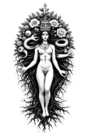 spiritual Woman standing on roots flowers growing out of head om crown with multiple arms 1 holding worl, apple snake tattoo design idea