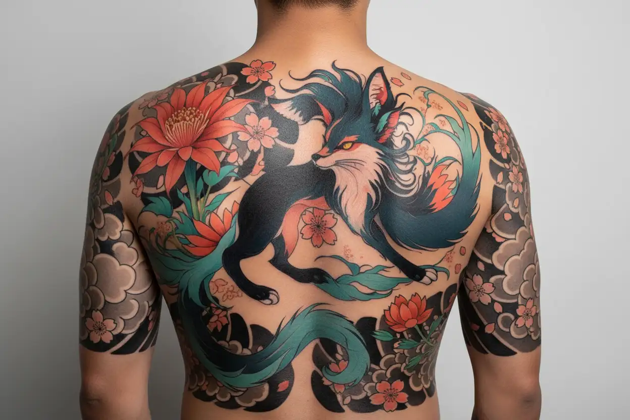 Nine-tailed fox, lycoris flower tattoo design idea