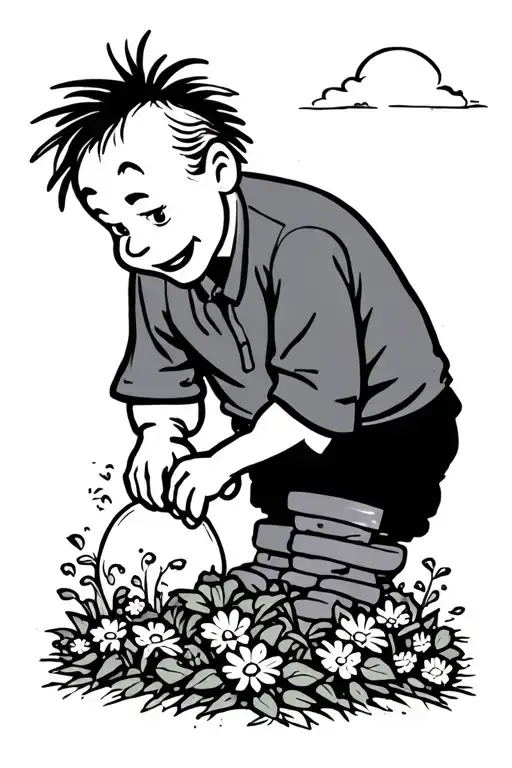 Classic Calvin and Hobbes image of Calvin peeing on flowers except Calvin is an old man and he is peeing on Hobbes tombs tattoo design idea