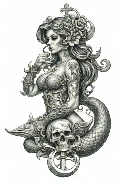mermaid with big anchor and scull tattoo design idea
