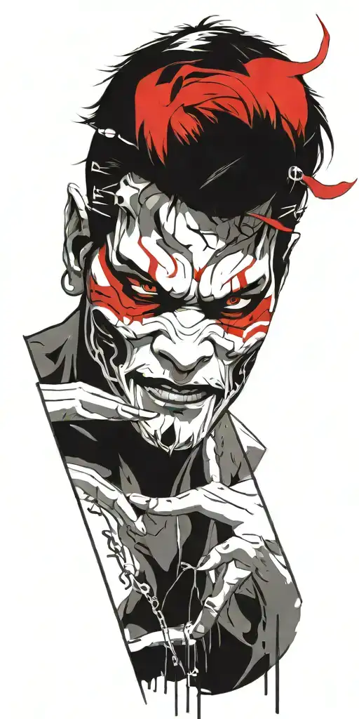 man wearing oni mask fighting off inner demons tattoo design idea