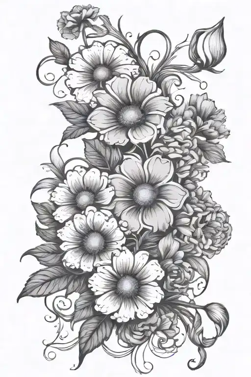 Floral arrangement with Aster focus, morning glory, carnation, and snowdrop flowers with vines. tattoo design idea