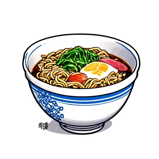 Ramen bowl (ラーメン) tattoo flash, single bowl with noodles and toppings, bold outlines, minimal color accents, clean lines tattoo design idea