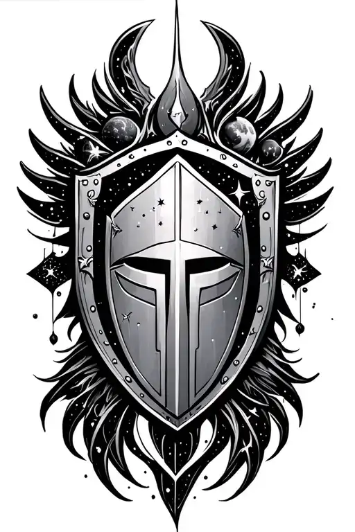 An intricate black and grey tattoo of a Spartan shield adorned with cosmic elements like constellations and celestial bodies, representing the fine line between ambition and discipline tattoo design idea