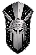 An intricate black and grey tattoo of a Spartan shield adorned with cosmic elements like constellations and celestial bodies, representing the fine line between ambition and discipline tattoo design idea